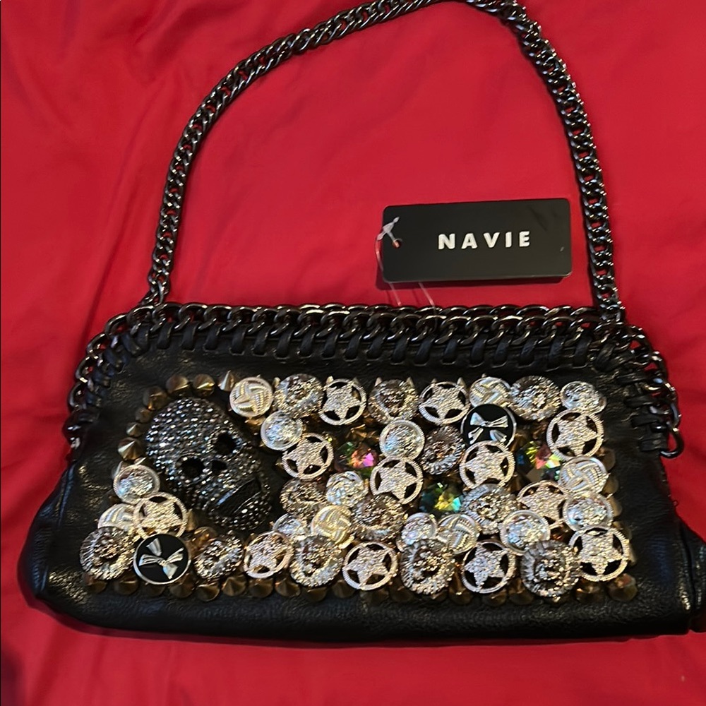 Black Shoulder Bag with Decorative Embellishments and Chain Strap